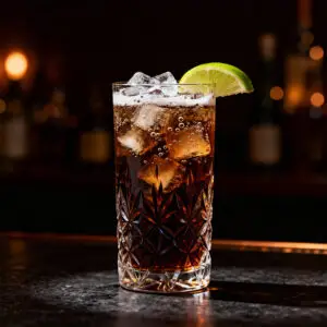 Angled bar-style photo of a bramble cocktail with crushed ice, blackberry garnish, and lemon slice, moody dark background.
