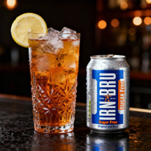 Irn‑Bru Sugar Free can beside an ornate highball glass half-filled with orange soda over ice; dark bar background and warm bokeh lights.