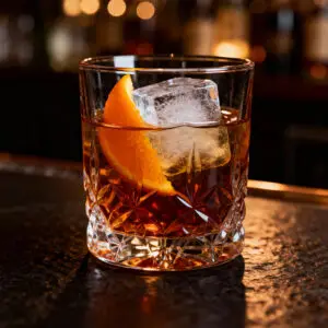 Bar-style photo of an Old Fashioned in a rocks glass with large clear ice and orange twist, dark moody background.