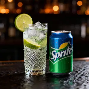Sprite can beside an ornate highball half-filled with lemon-lime soda over clear ice and a lime wheel; dark bar scene with warm bokeh.